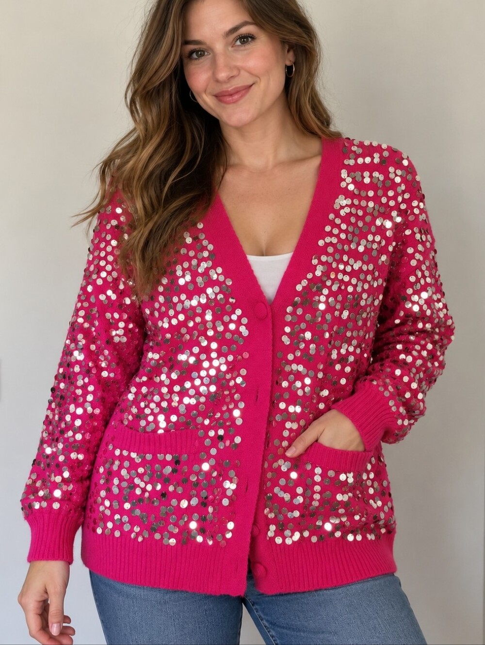 Fuchsia Sequin V-Neck Cardigan by Flamode